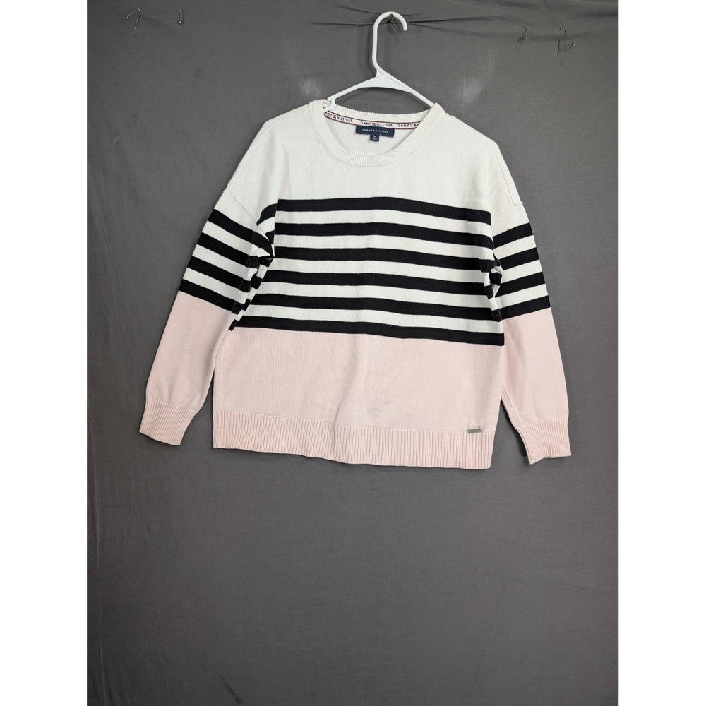 Tommy Hilfiger Pink White Black Striped Cotton Knit Sweater Medium 8479